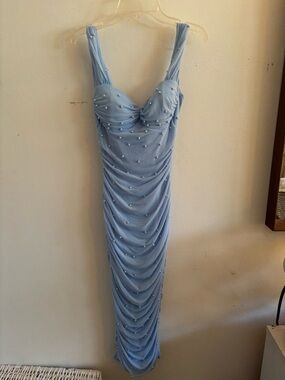 Windsor Light Blue Ruched Pearl-Embellished Maxi Dress